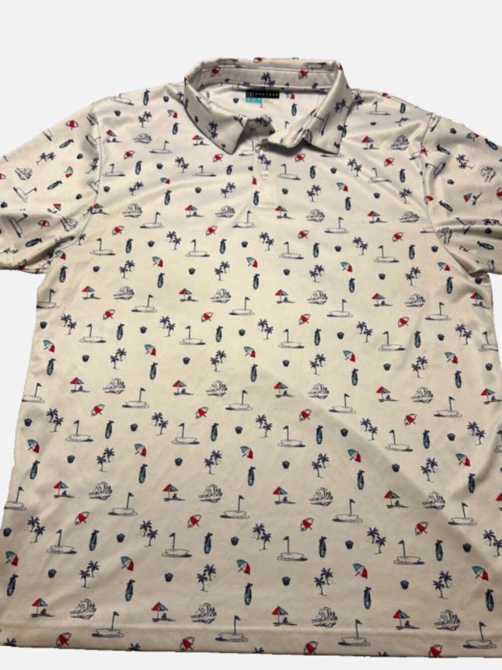 PGA TOUR Men's XL Regular Polo Shirt White/Blue/Red Graphic Print Button Logo